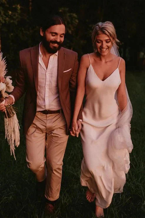 Spaghetti Straps V neck Simple Beach Wedding Dress