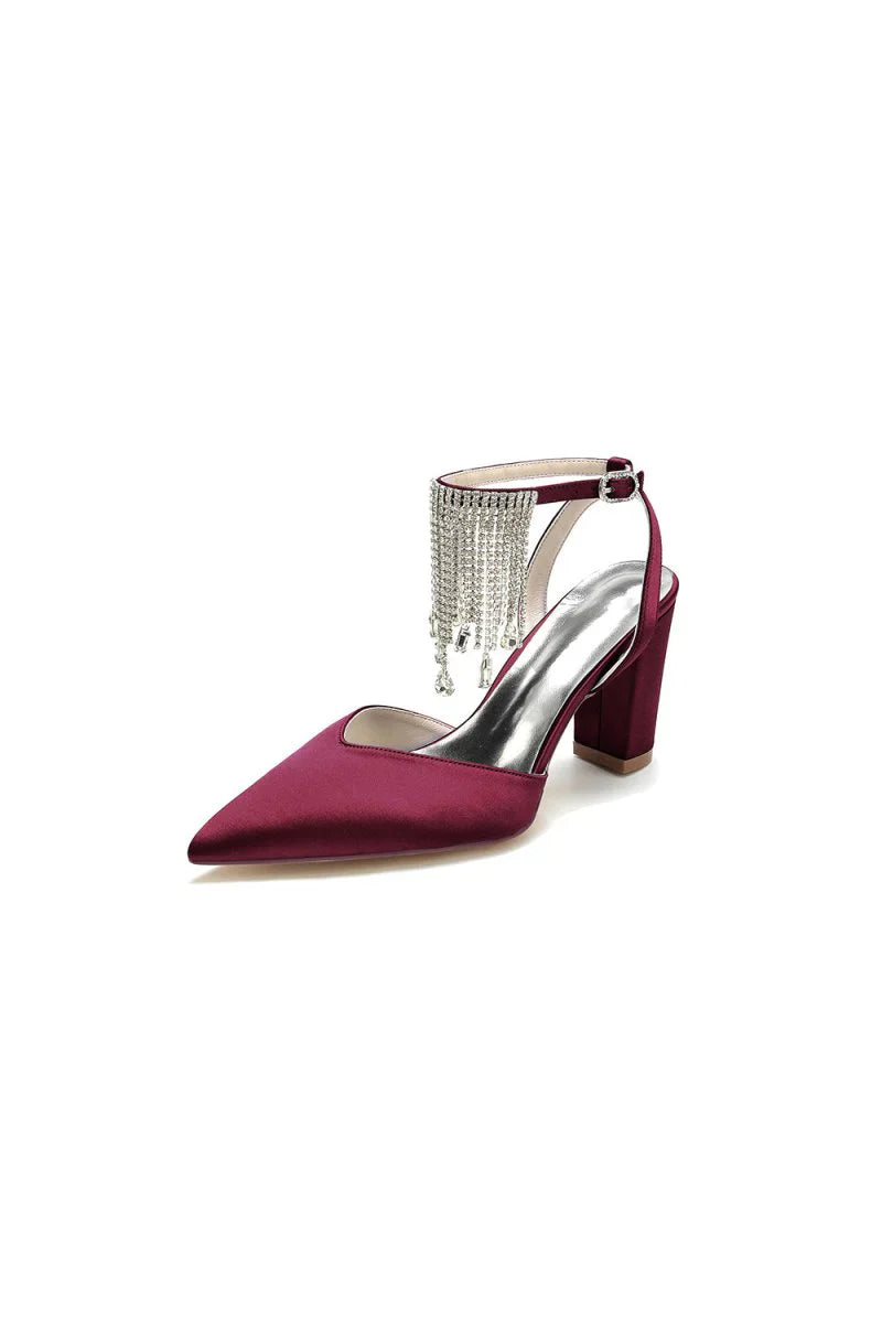Pointed Toe Beading Tassel Satin Chunky Heels
