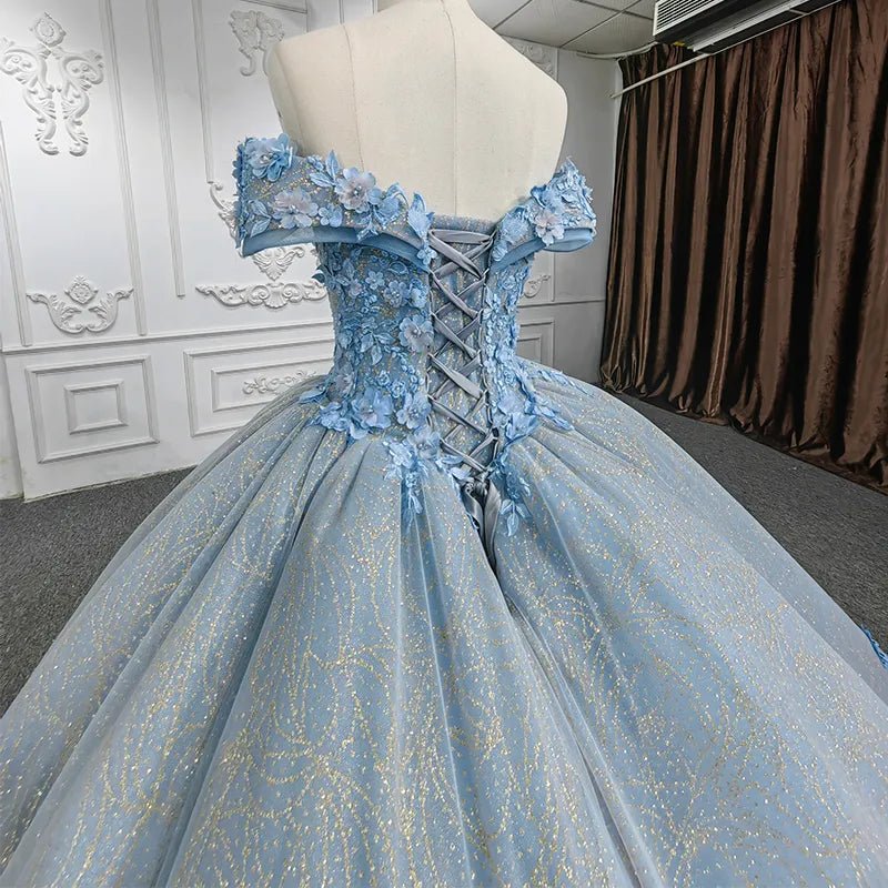 Quinceanera Blue Off the Shoulder Ball Gown Flower Dress