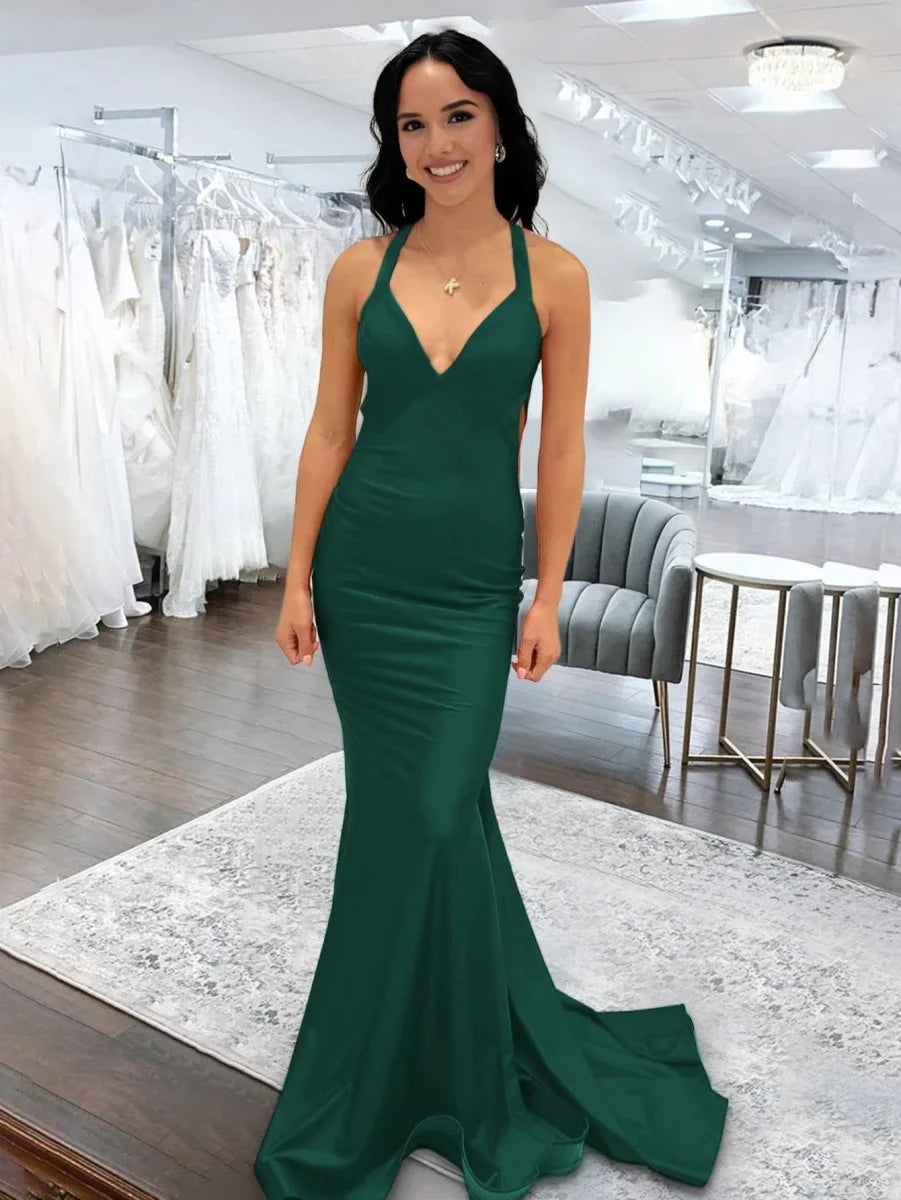 Angela Mermaid Pink V Neck Backless Satin Long Prom Dress