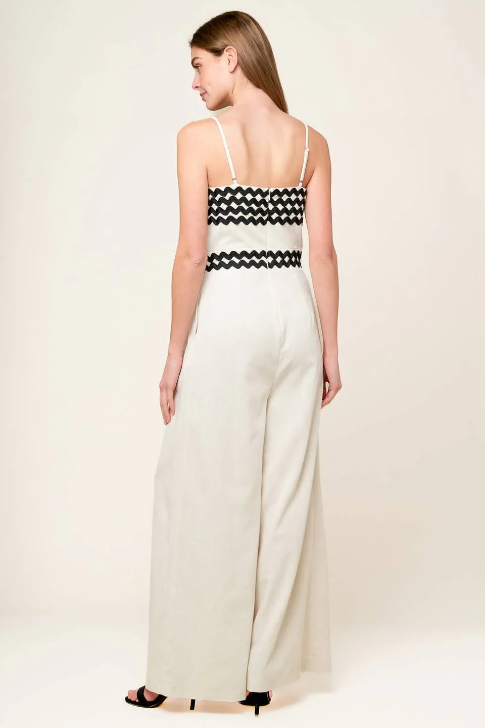 MEET AT THE PIER CREAM RIC RAC TRIM WIDE LEG JUMPSUIT