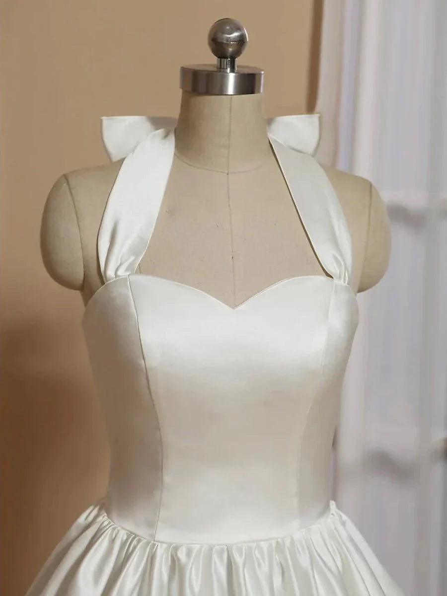 White A Line Halter Sleeveless Tea Length Satin Bridal Gowns With Bows Pleats