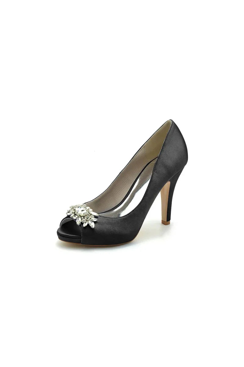 Champagne Satin High Heels with Crystal Flower Ornament