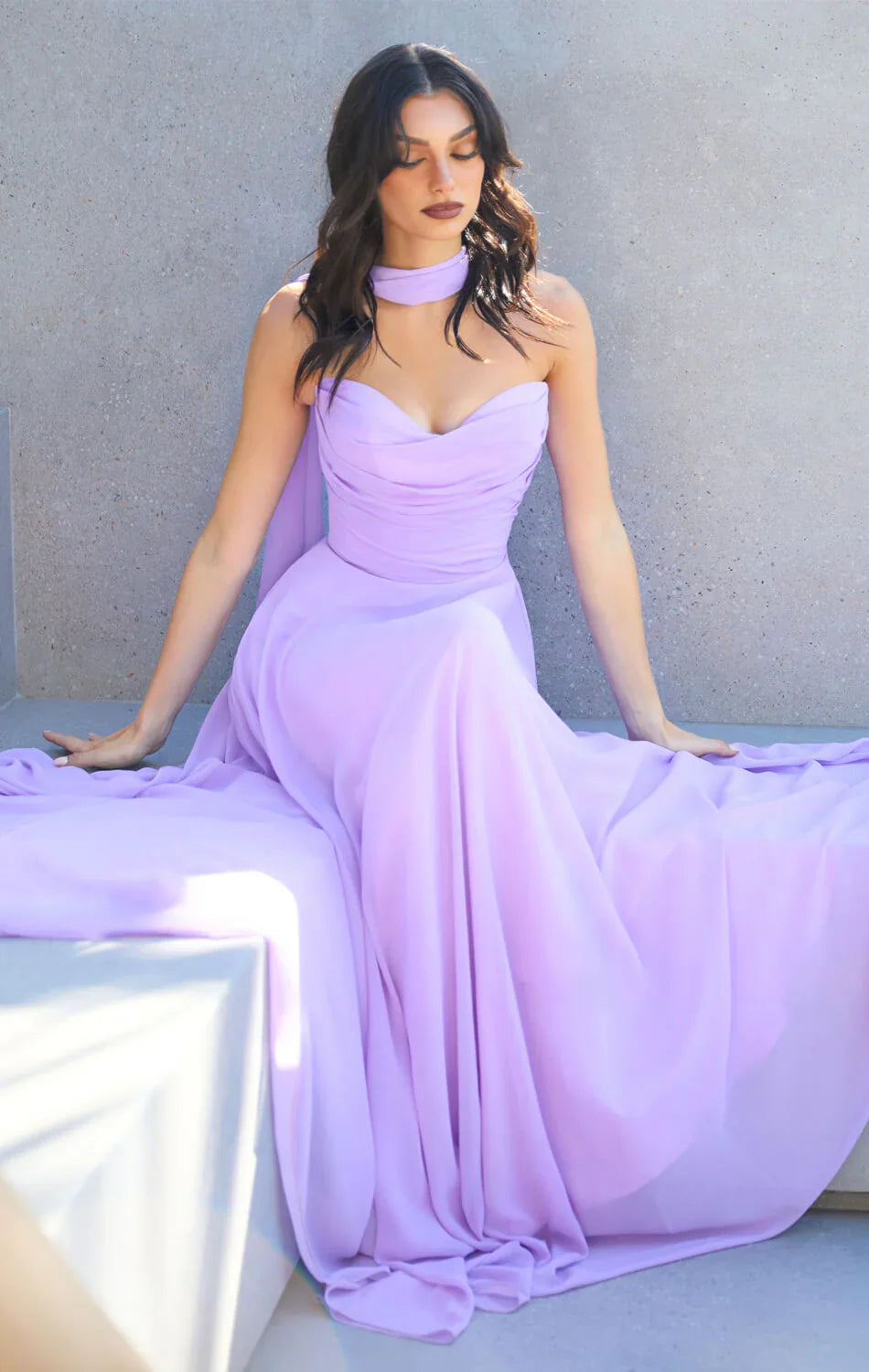Ella Gown A line Strapless Chiffon Dress With Scarf