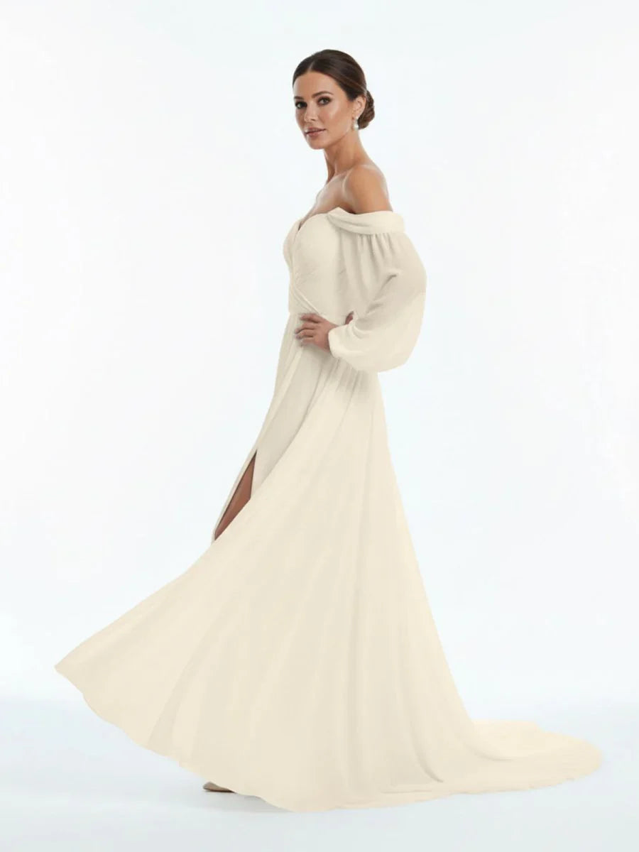 A Line Sweetheart Long Sleeves Chiffon Sweep Train Wedding Dress