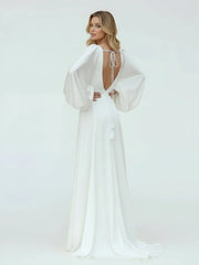 White Satin Simple A Line Long Wedding Dress with Slit