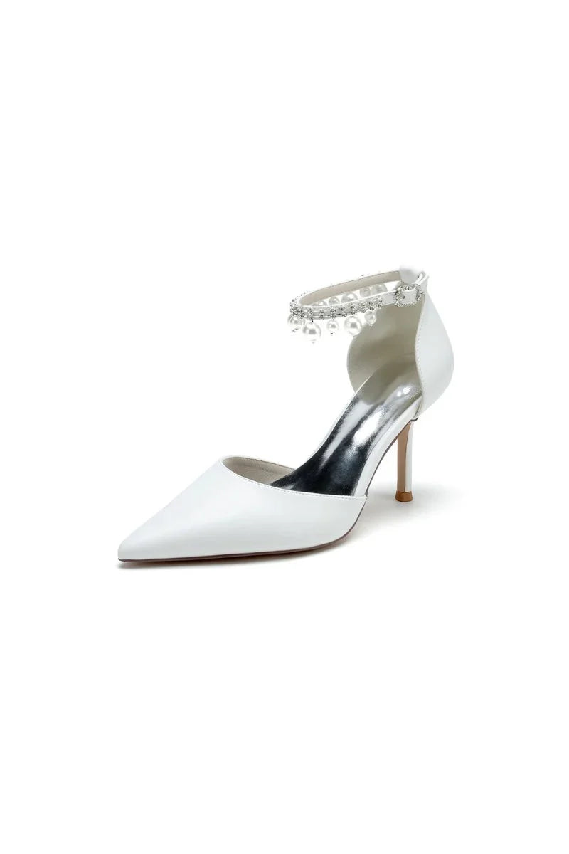 Satin Pointed Toe Pearl Beaded Ankle Strap Simple Wedding Shoes