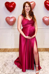 Burgundy Satin Spaghetti Straps A Line Long Bridesmaid Dress With Slit