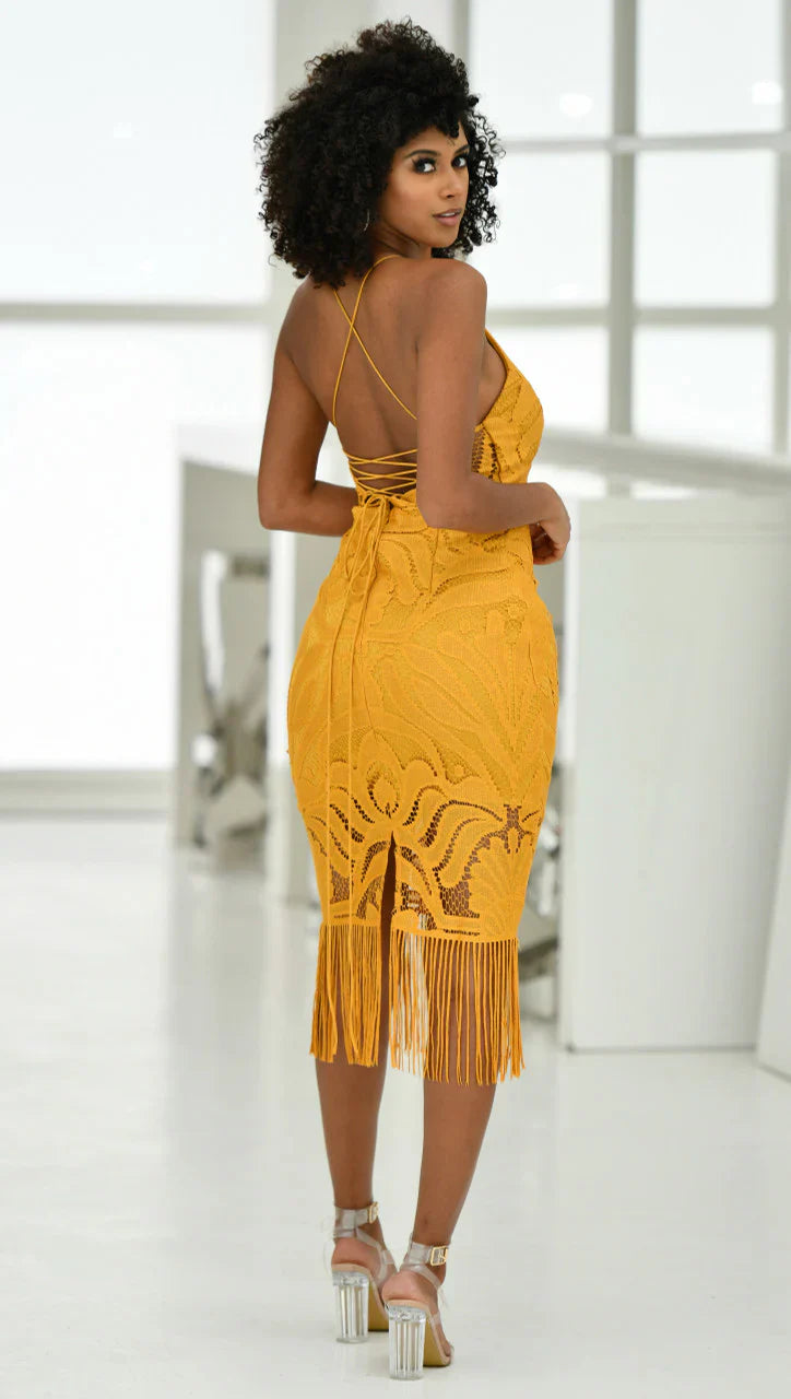 Khaleesi Dress Mustard Lace Dress With Fringe
