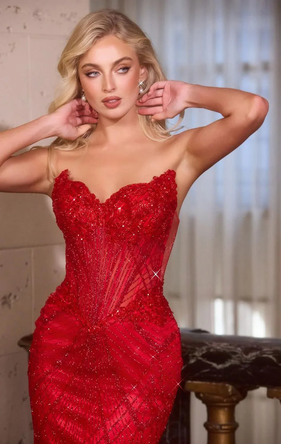 GEMINI GOWN BEADED SEQUIN FITTED STRAPLESS GOWN