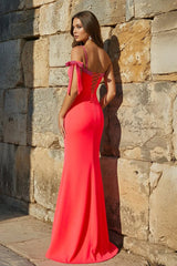 Coral Mermaid One Shoulder Beaded Long Prom Dress with Slit