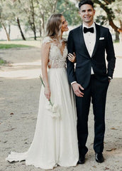 A Line Cap Sleeve Long Backless Wedding Dresses with Appliques