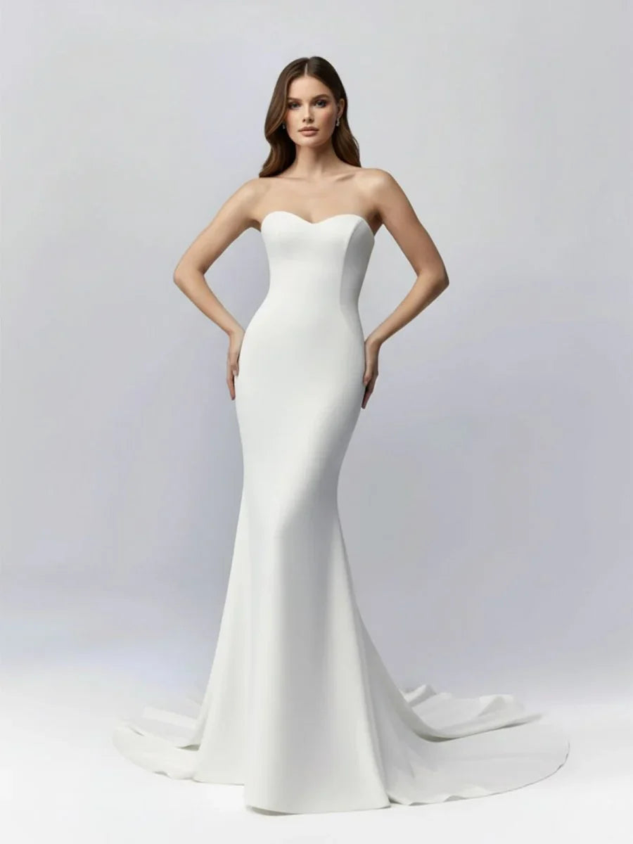 White Simple Sweep Train Boho Long Mermaid Wedding Dress