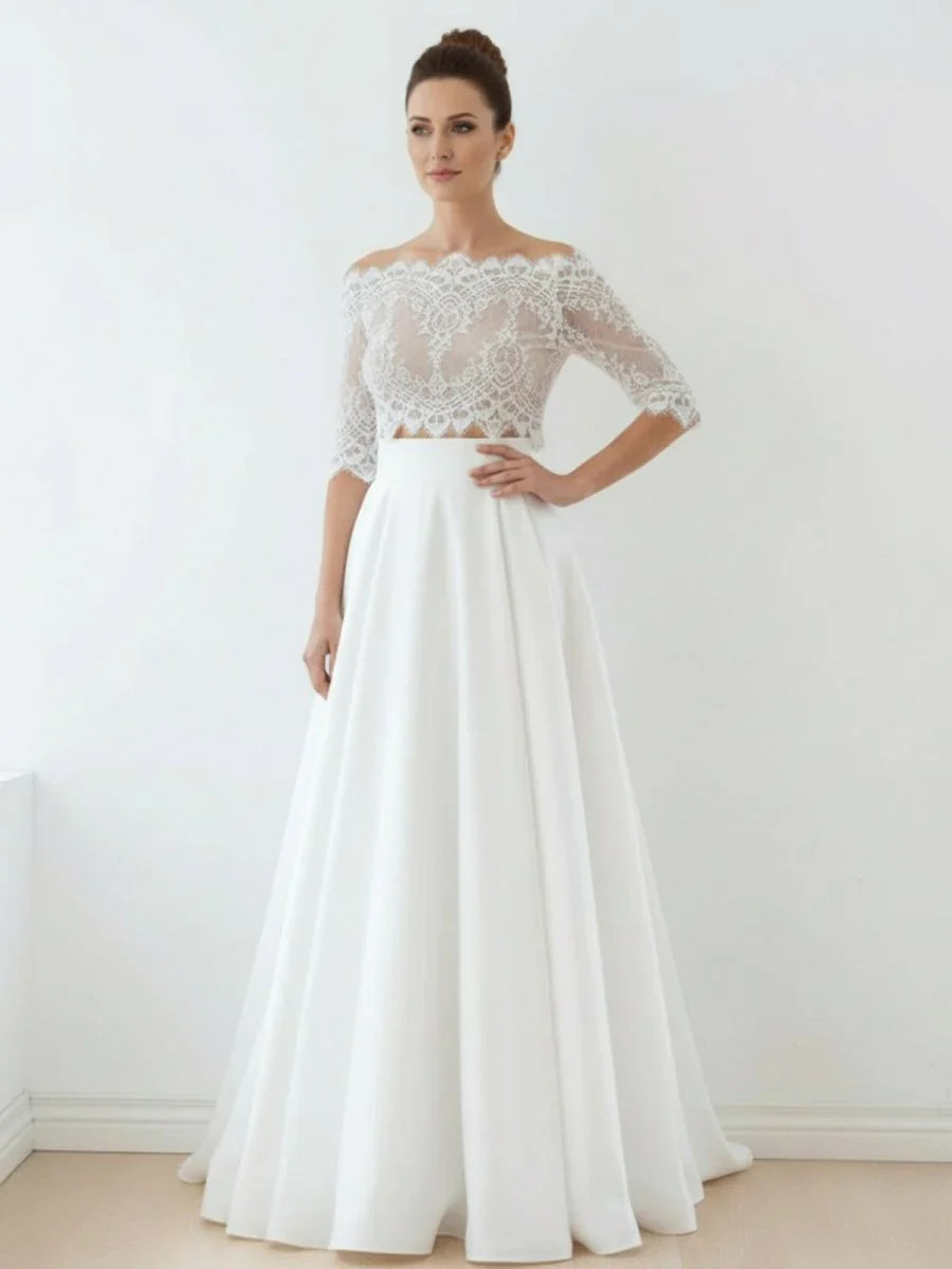 Off The Shoulder Lace A Line Satin Two Piece Wedding Dress With Sweep Train