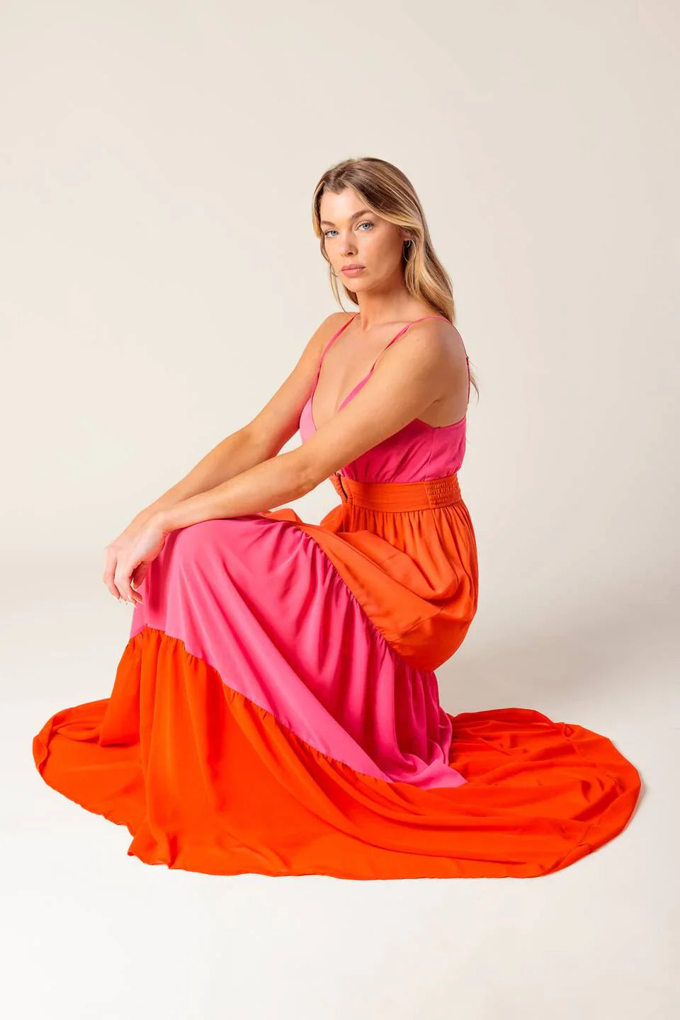 REGAL SUNRISE PINK RED COLOR BLOCKED MAXI DRESS