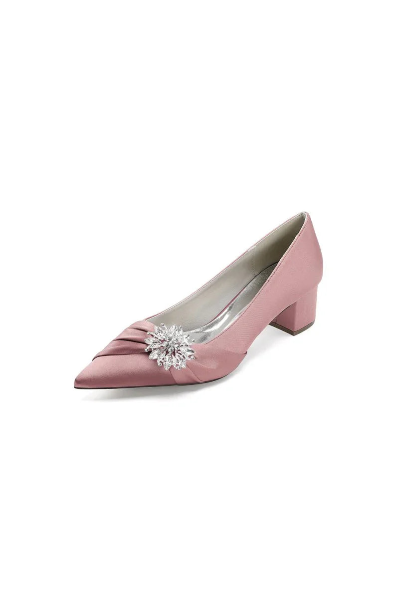 Satin Pointed Toe Slip on Party Shoes With Crystal