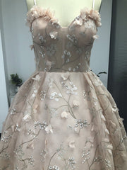 Spaghetti Strap 3D Flower Applique Sky Blue Prom Dresses Ball Gowns
