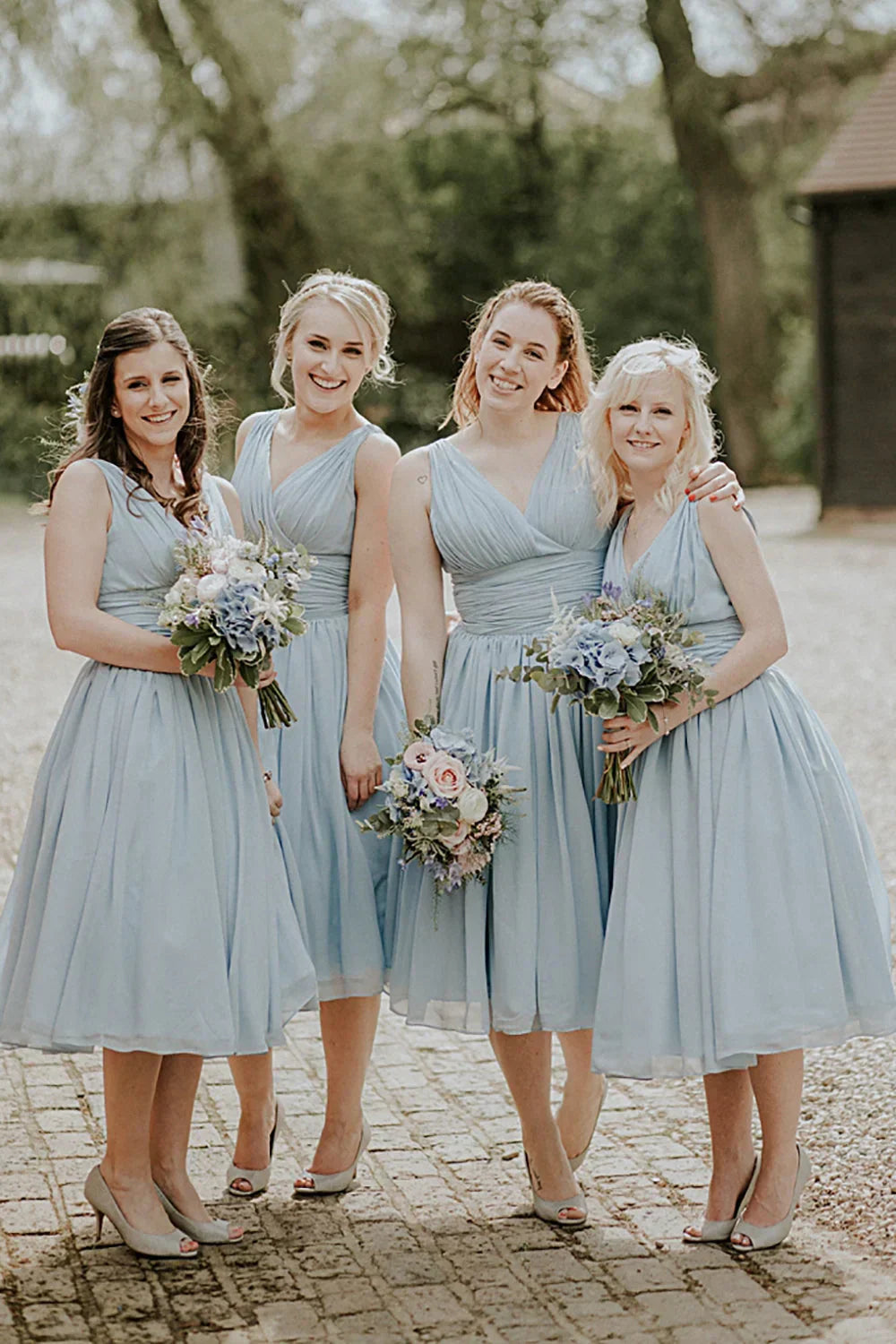 Dusty Blue A Line Mid Calf Ruched Chiffon Bridesmaid Dress