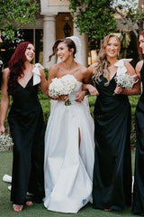 Black V Neck Mermaid Spaghetti Straps Satin Long Bridesmaid Dress with Bow