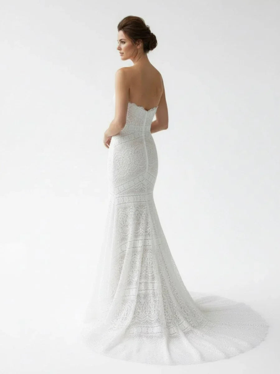 Vintage White Mermaid Lace Wedding Dress with Tassel