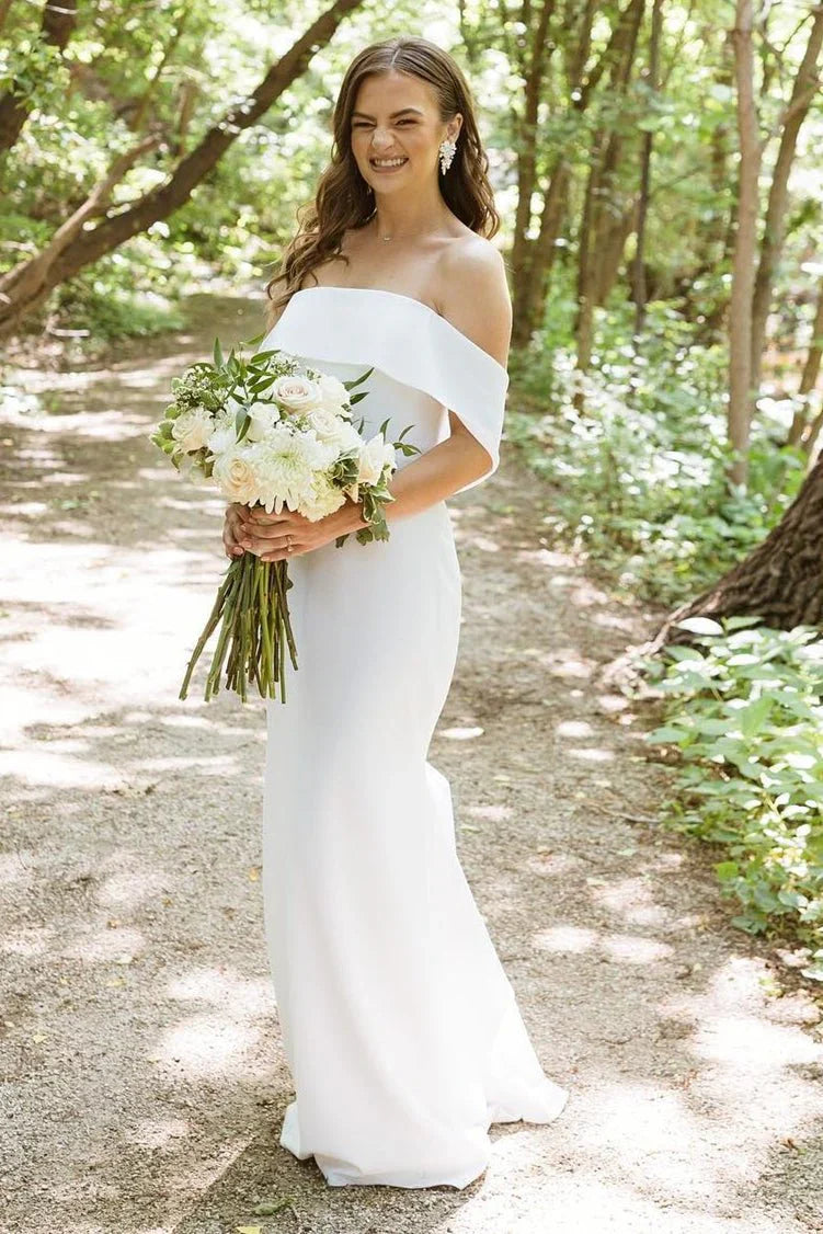 Mermaid White Off the Shoulder Chiffon Long Wedding Dress