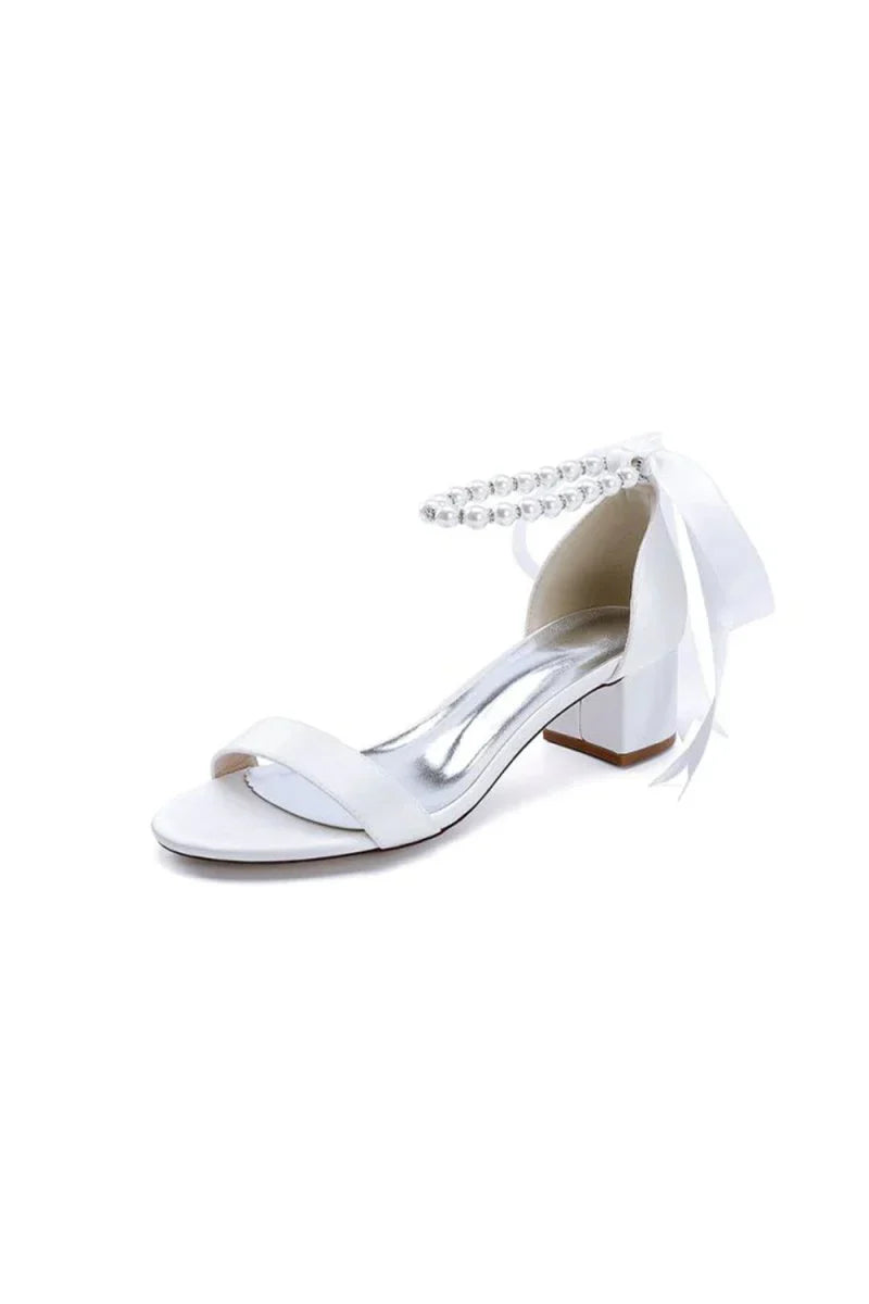 Block Heel Sandal Adorned with Pearl Ankle Band and Ribbon Bow