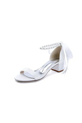 Block Heel Sandal Adorned with Pearl Ankle Band and Ribbon Bow