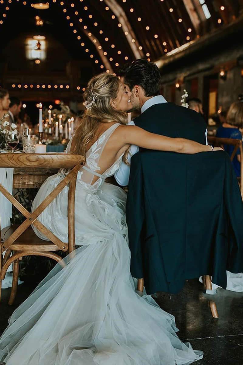 Marvelous V neck A Line Wedding Dress Tulle Appliques Rustic Wedding Dress
