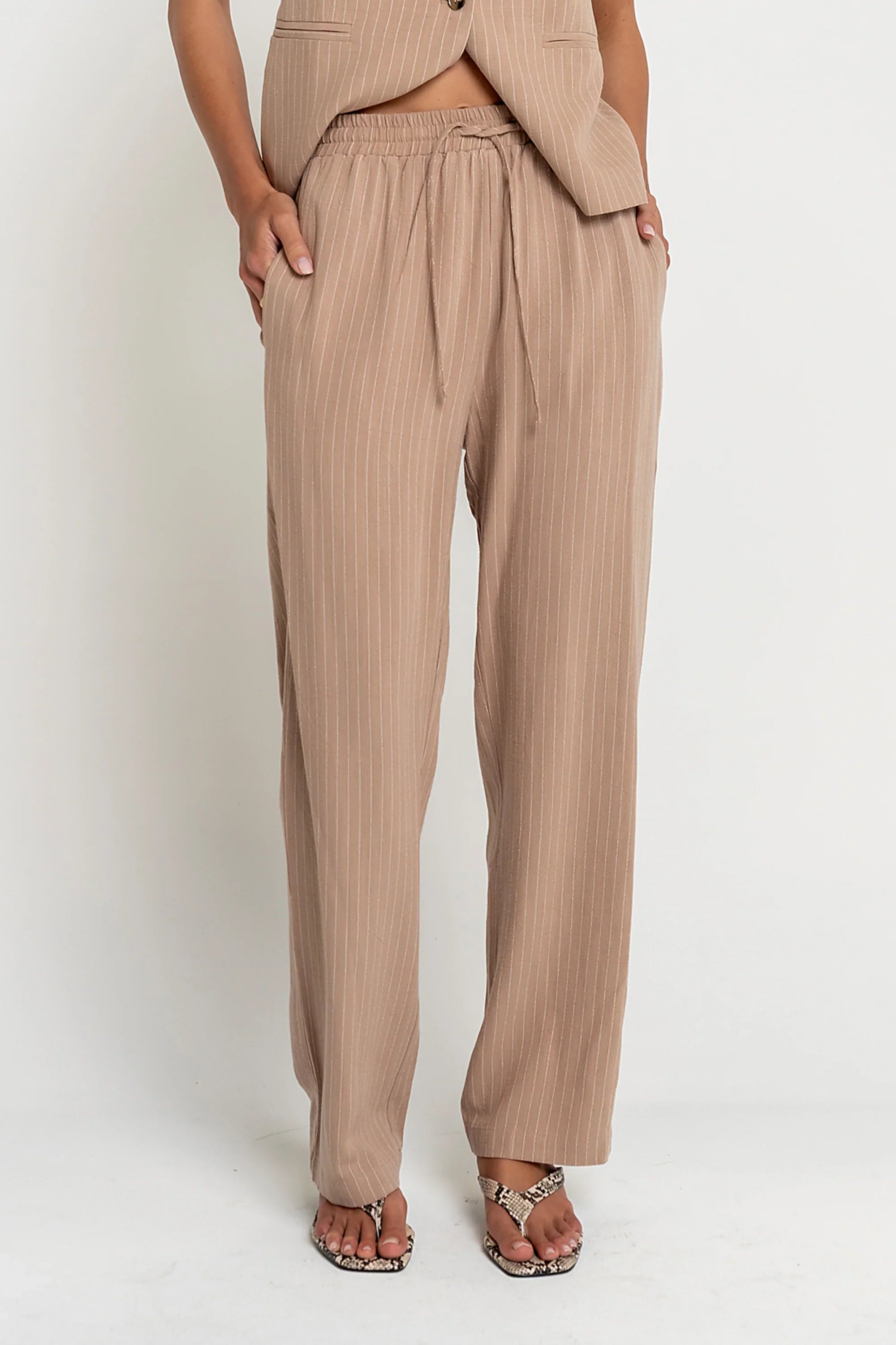 Vivienne Pinstripe Wide Leg Pants in Tan