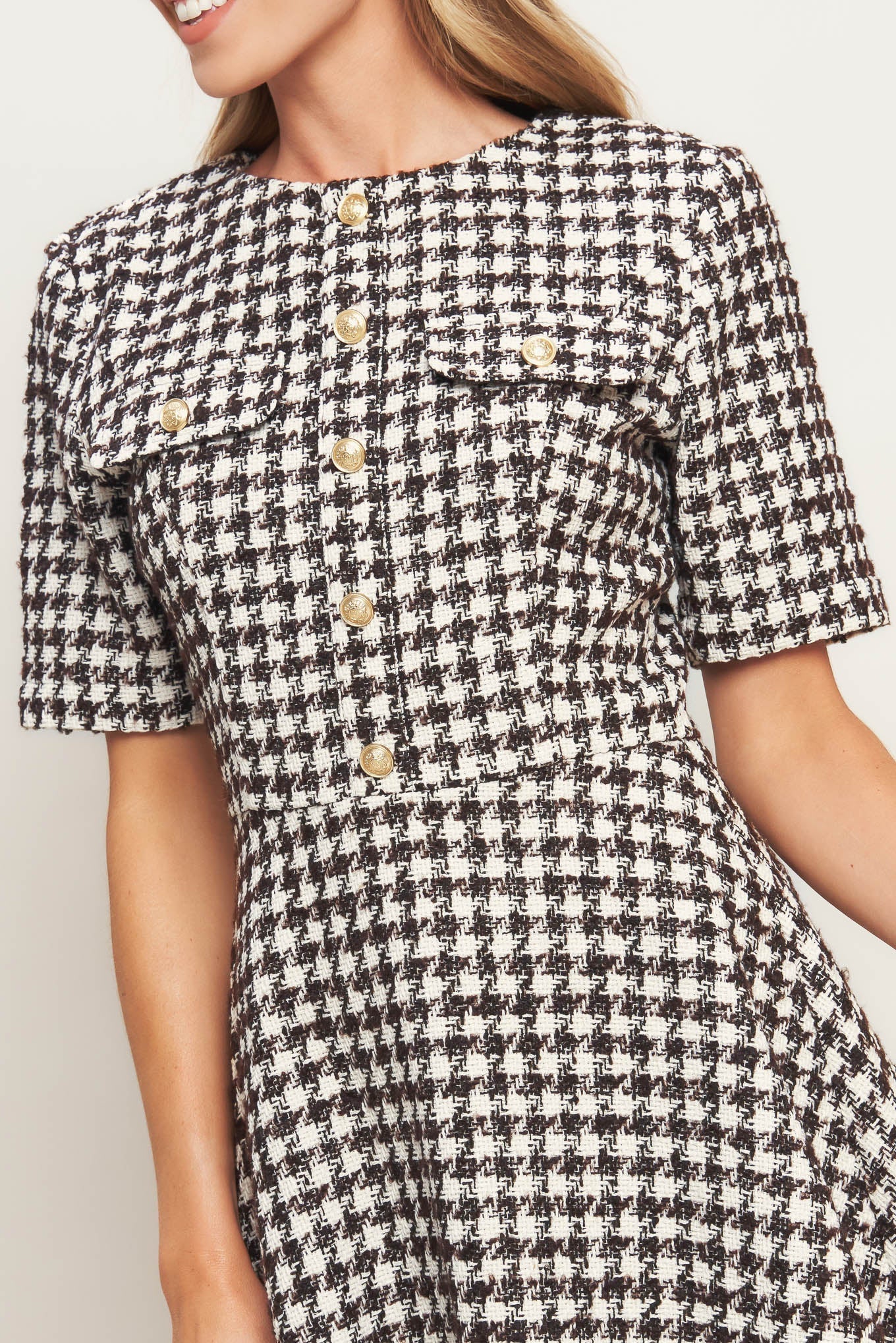 ELEGANT CHECK BROWN TWEED MINI DRESS