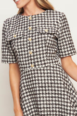 ELEGANT CHECK BROWN TWEED MINI DRESS