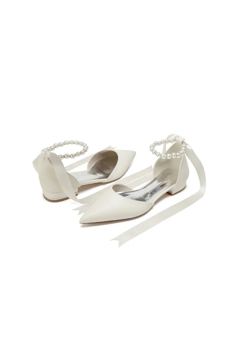Pointed Toe Ankle Strap Pearl Beaded Ivory Ribbons Low Heels