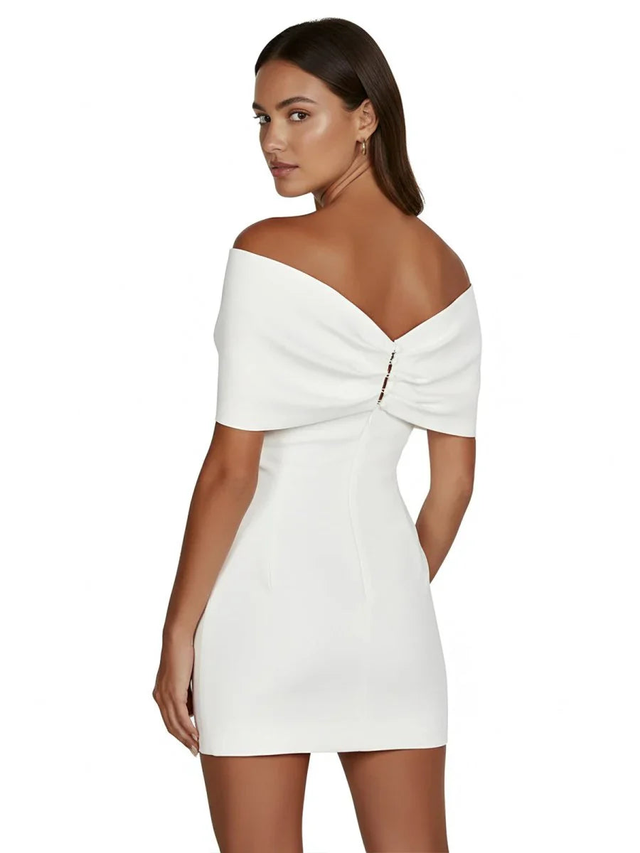 Sheath Off The Shoulder Sleeveless Satin Short Mini Wedding Dress With Bow
