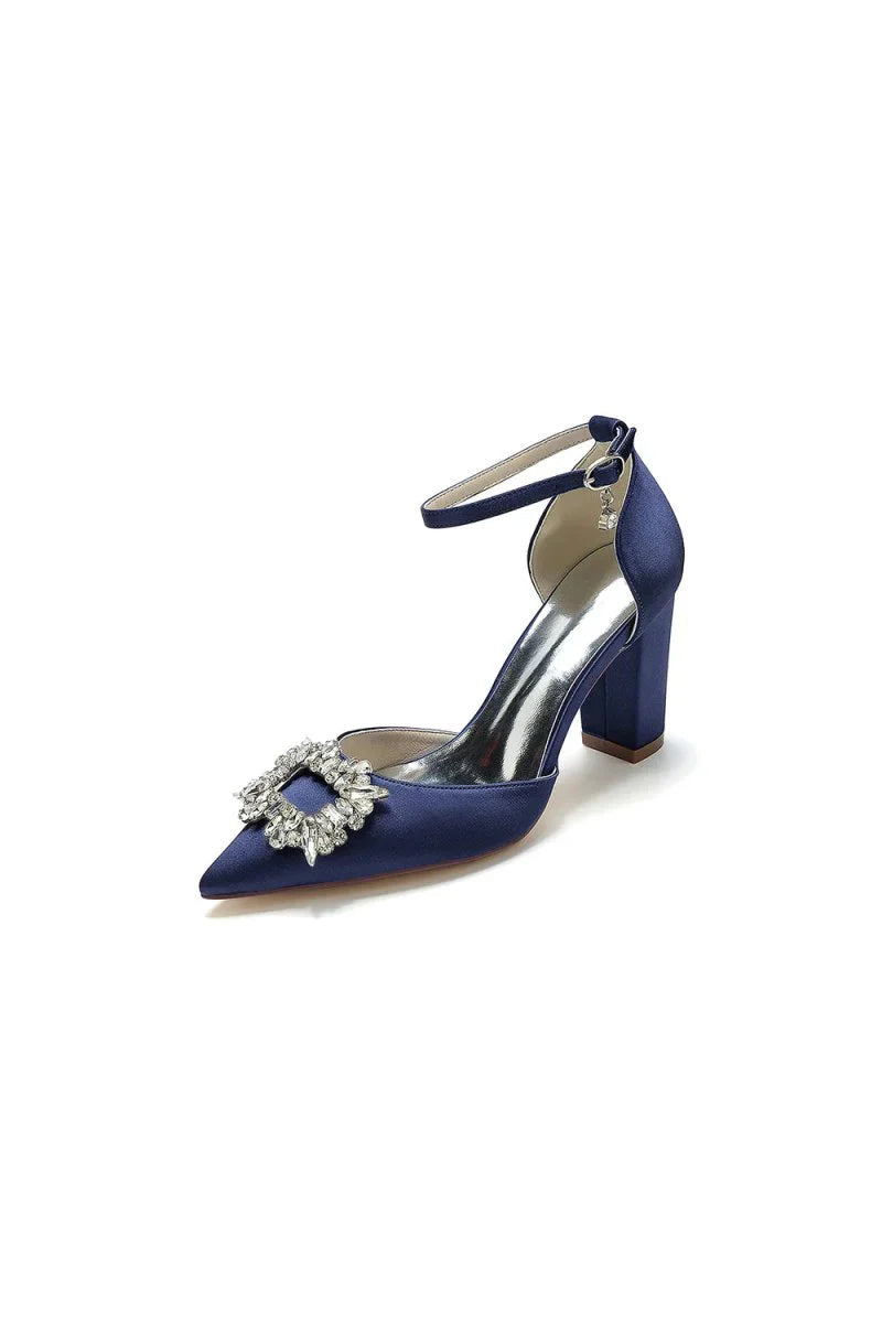 Rhinestone Pointed Toe Ankle Strap Buckle Chunky Heel