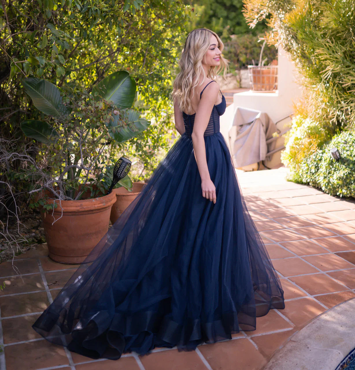 Yasmin Gown Navy Tulle A line Dress With Pleated Bodice