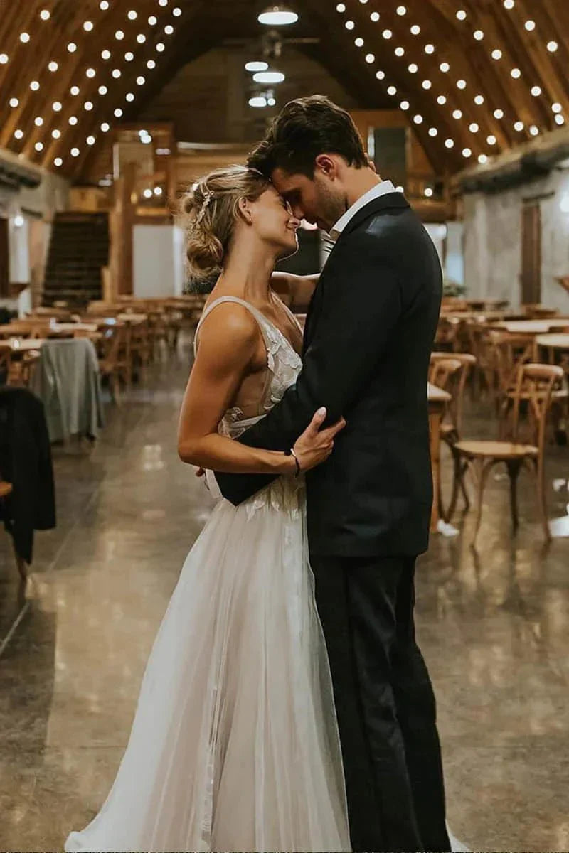 Marvelous V neck A Line Wedding Dress Tulle Appliques Rustic Wedding Dress