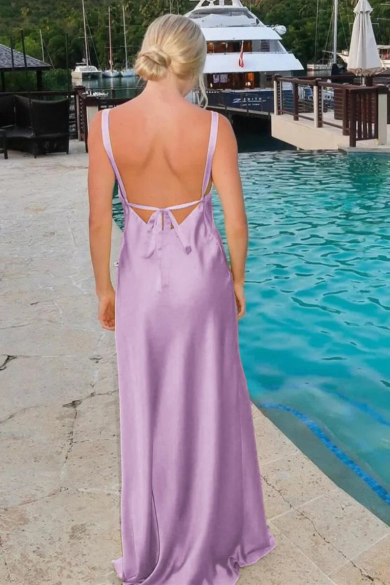 Sheath V Neck Tie Back Maxi Dress with Slit in Yellow