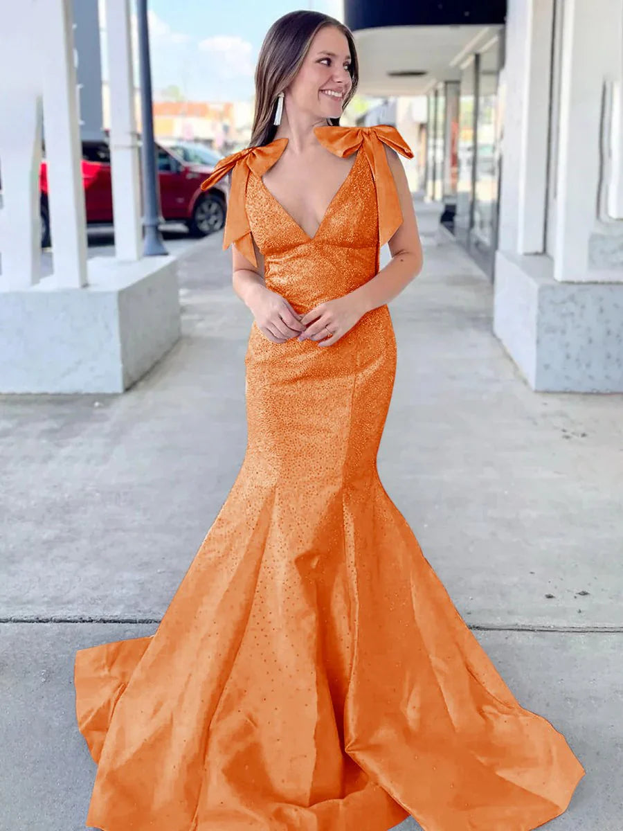 Sky Blue V Neck Mermaid Satin Long Prom Dress With Bow