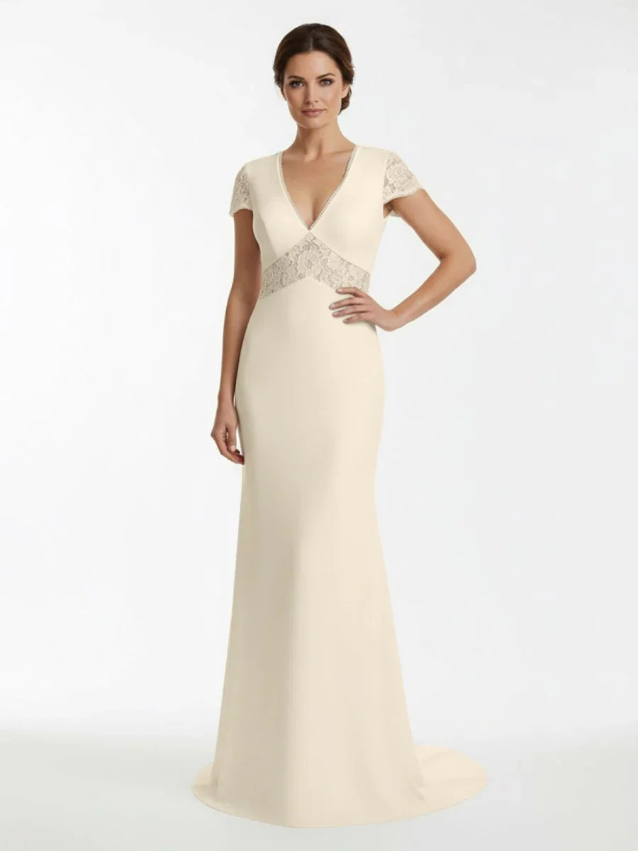 Modest Simple Sheath Short Sleeve Empire Floor Length Sweep Train Chiffon V neck Wedding Dress