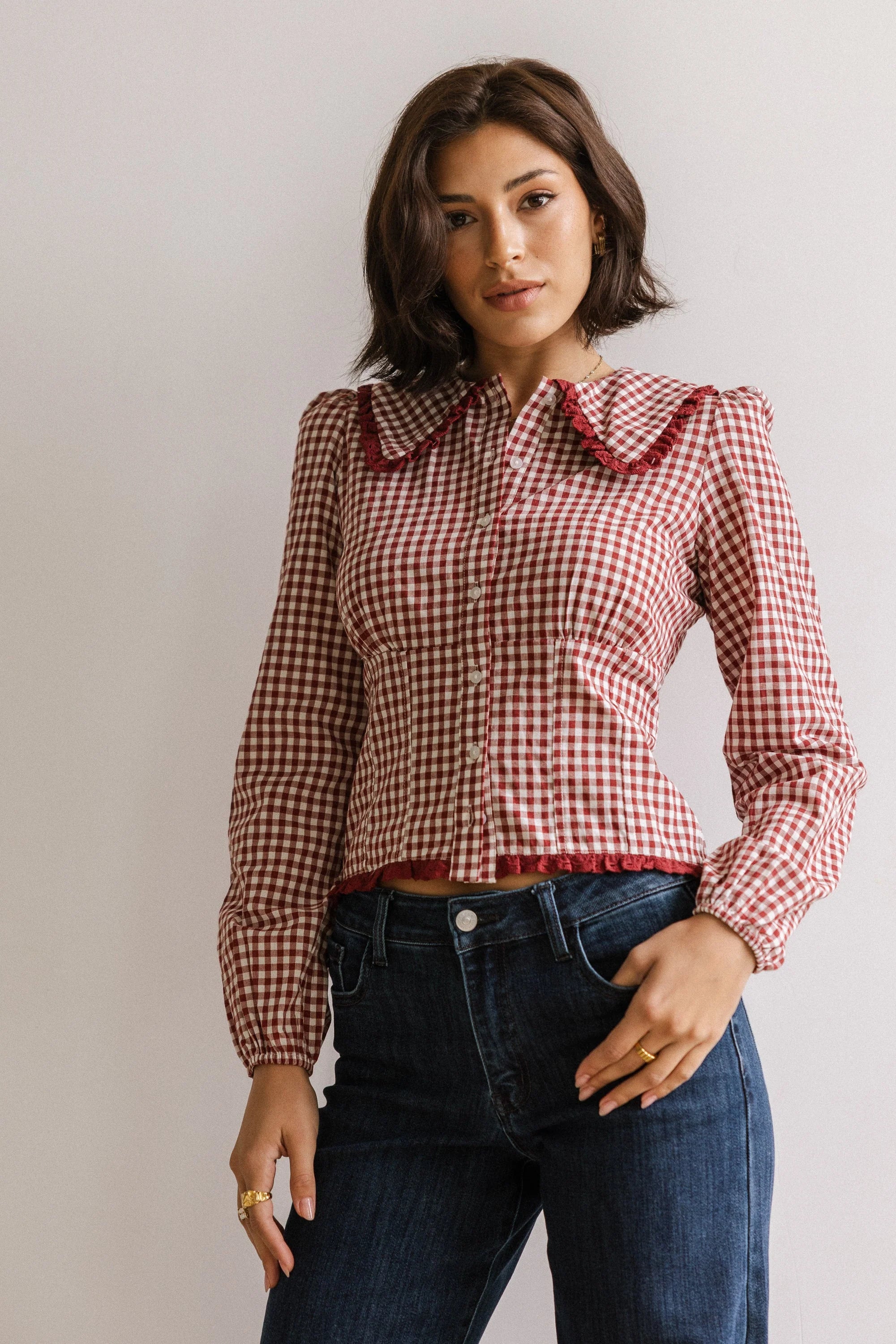 Brenna Gingham Blouse in Burgundy FINAL SALE