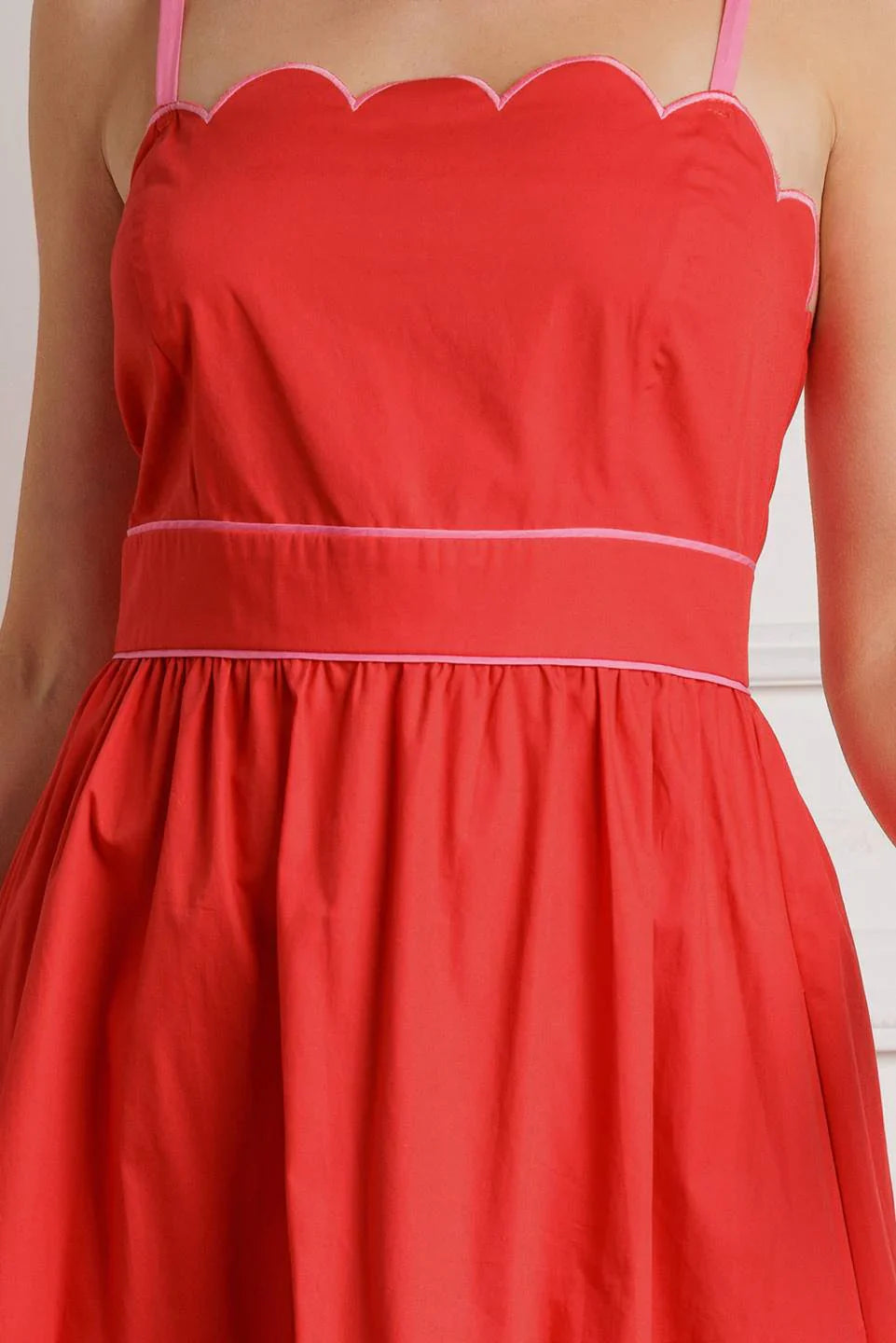 SWEET DREAMS RED PINK SCALLOPED EDGE MIDI DRESS