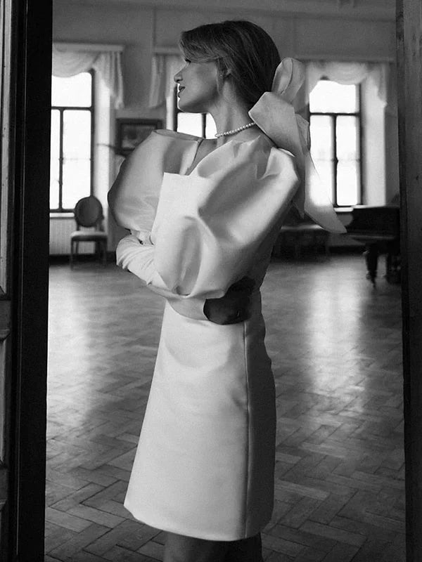 White Satin Short Wedding Dress with Puff Sleeves