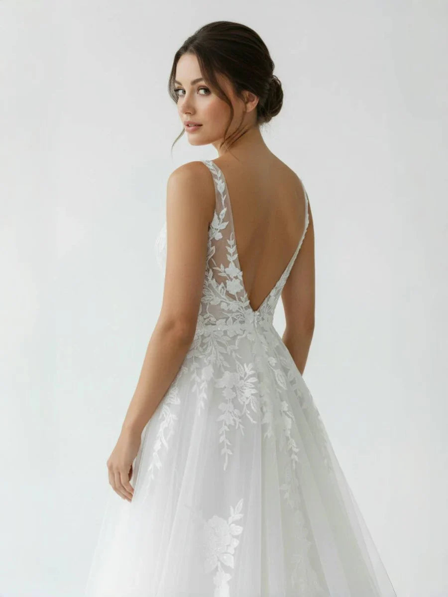 A Line V Back Long White Wedding Dress with Lace Appliqued