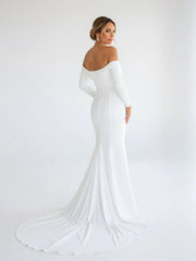 Simple White Boho Mermaid Long Wedding Dress with Sleeves