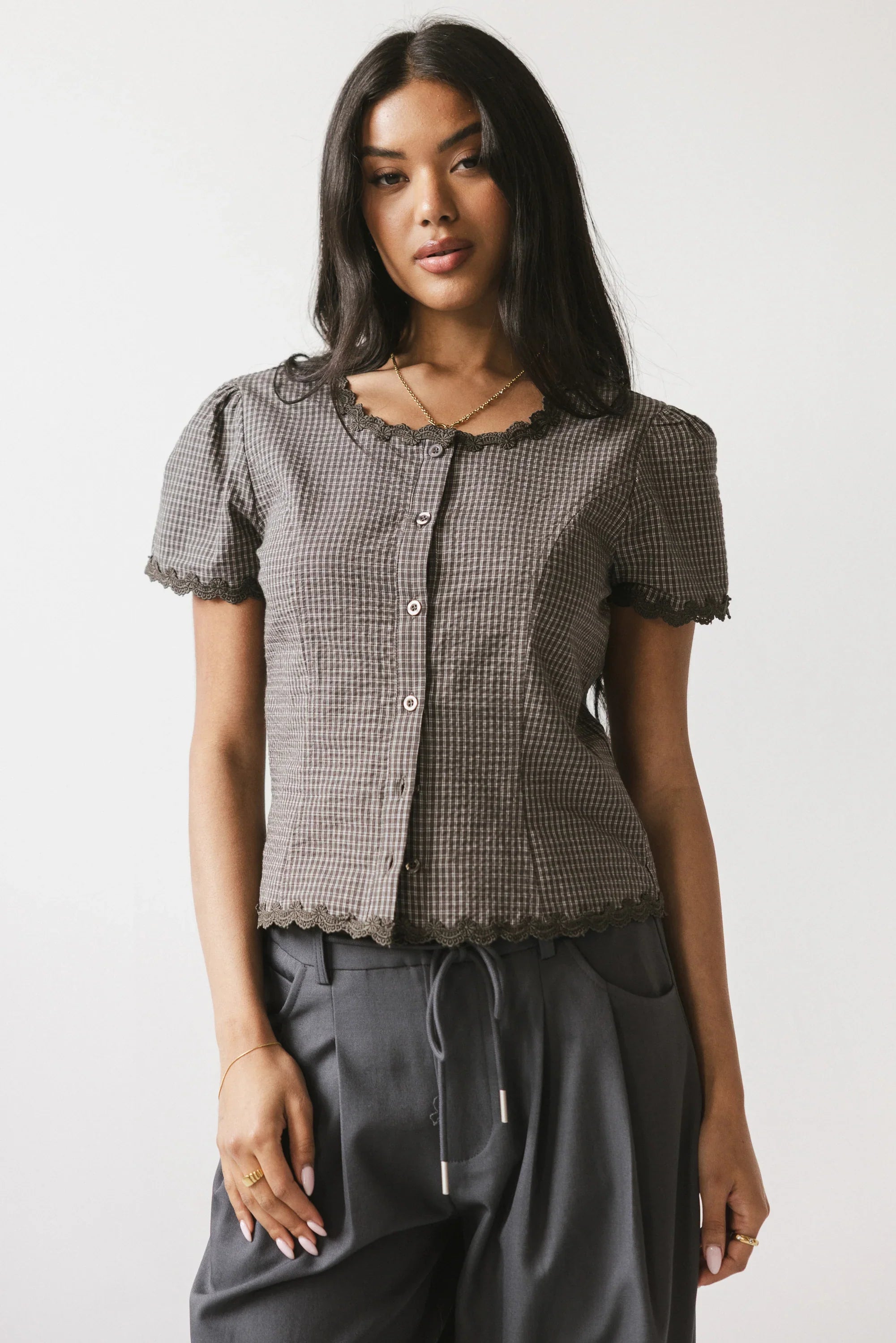 Serra Lace Trim Blouse in Charcoal FINAL SALE