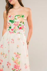 BRUNCH BOUQUET STRAPLESS FLORAL MIDI DRESS