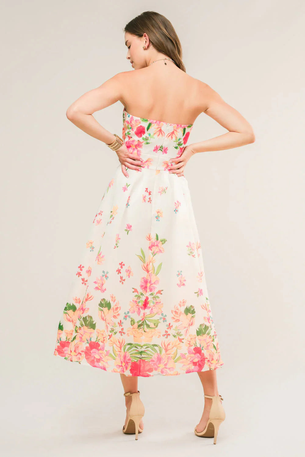 BRUNCH BOUQUET STRAPLESS FLORAL MIDI DRESS