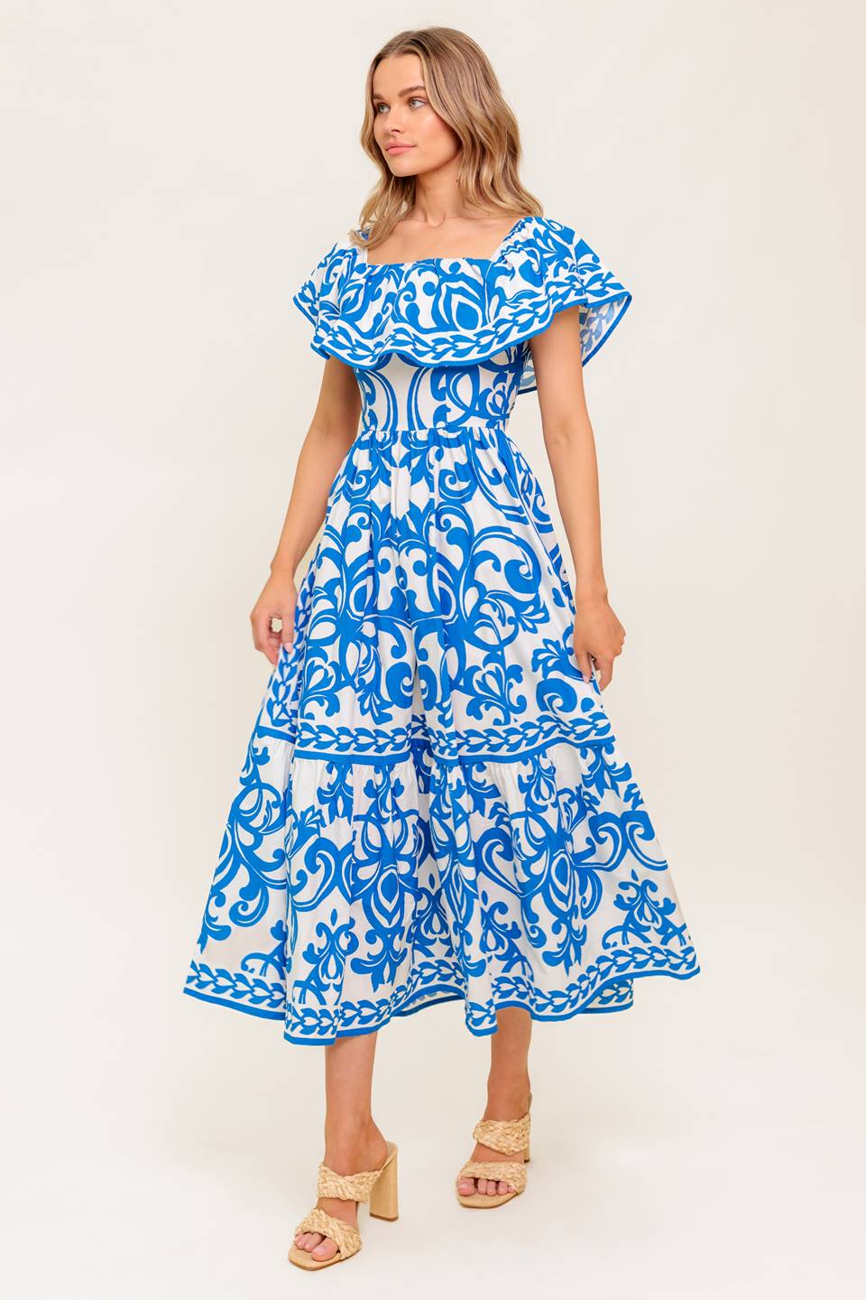 SERENADE MIDI DRESS PRINTED OFF SHOULDER COTTON DRESS