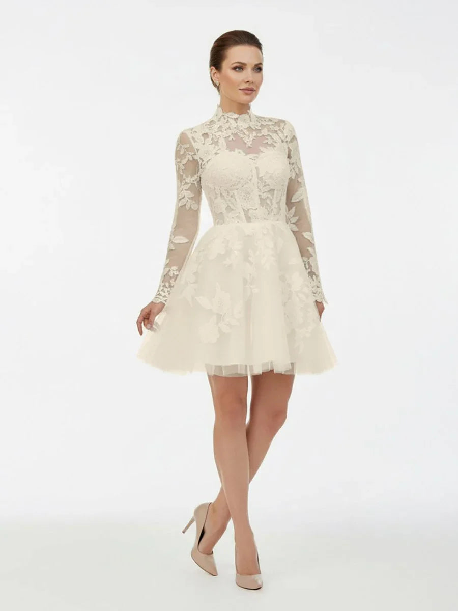 Short White A Line Illusion Neck Long Sleeves Lace Wedding Dresses