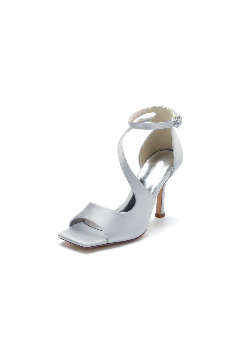 Simple Square Open Toe Ankle Strap Satin Prom Shoes